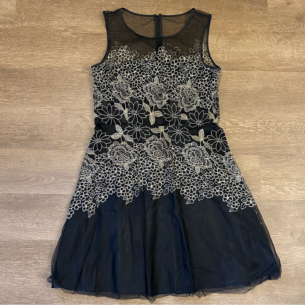NWOT Tahari black dress with gold embroidery